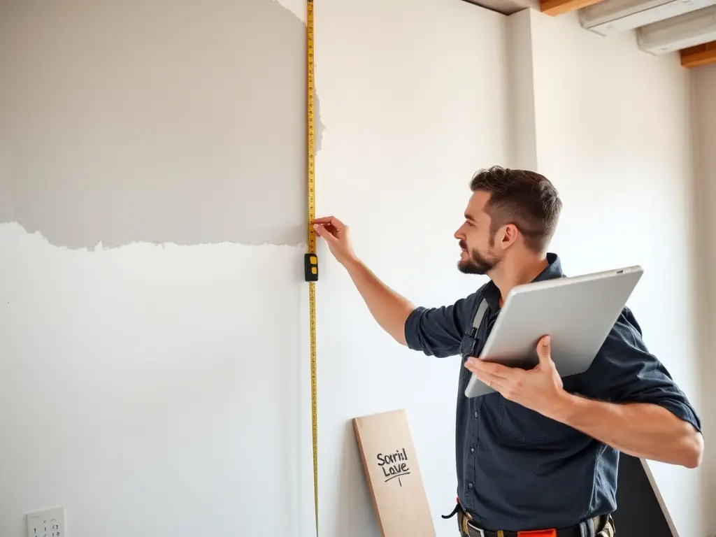 A visual representation of a free estimate being prepared, showing a contractor measuring a wall and calculating costs with a tablet and tools.