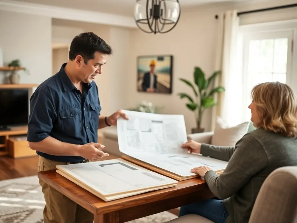 A photograph showcasing Jose, the manager of Sotos Drywall Solutions LLC, consulting with a client in a residential setting, reviewing drywall plans and samples.