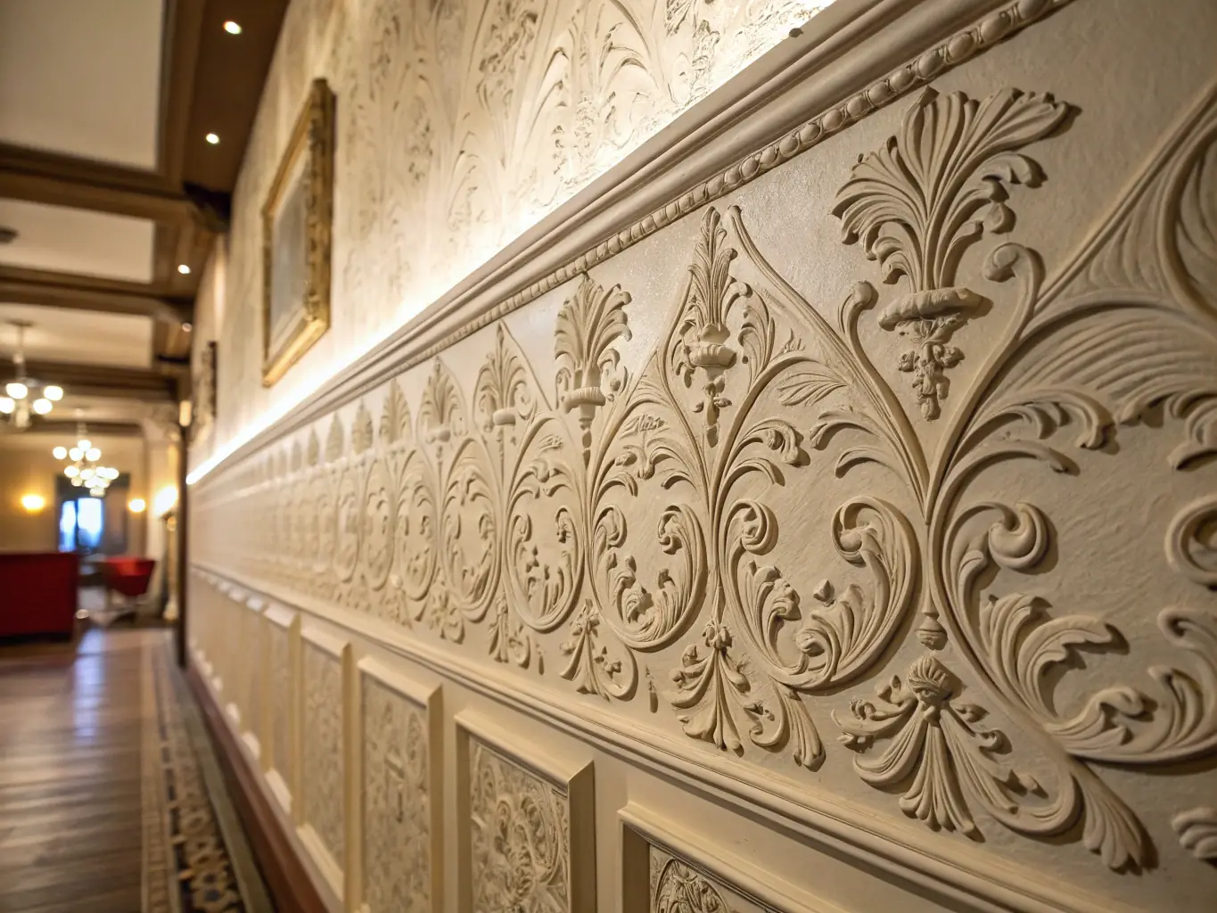 A close-up of a textured wall, showcasing a decorative pattern applied with precision and skill.