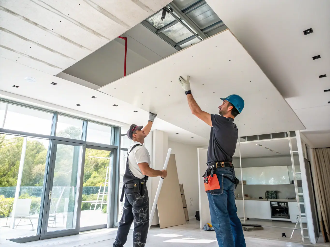 An image depicting a drywall installation project in progress, highlighting the precision and attention to detail in the work being done by Sotos Drywall Solutions LLC.
