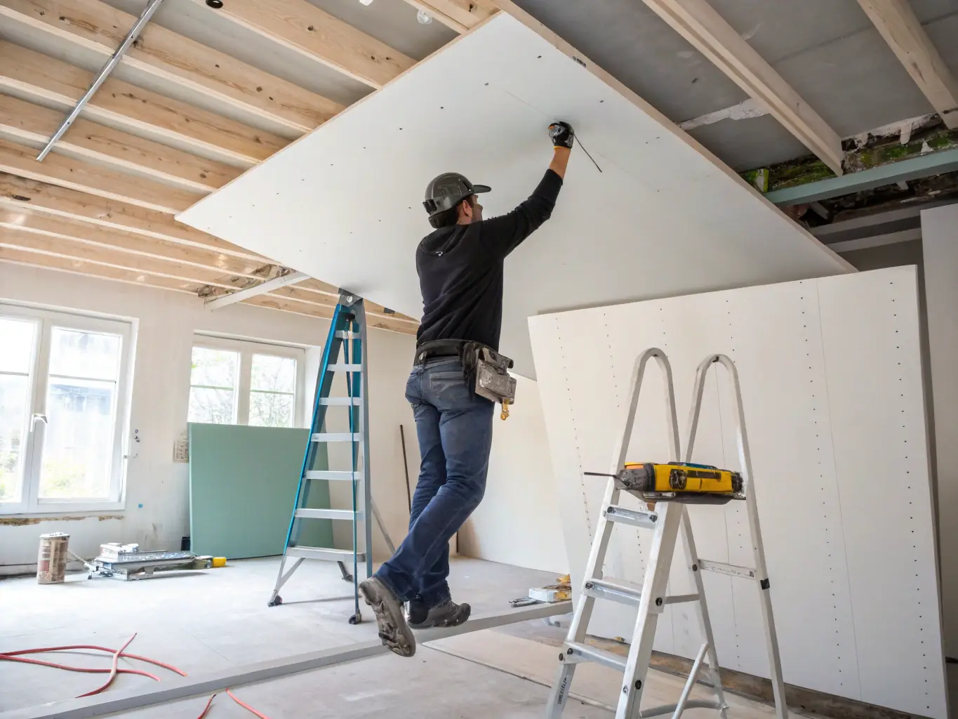 A professional drywall installer carefully hanging a large sheet of drywall on a ceiling, ensuring precise alignment and secure attachment.