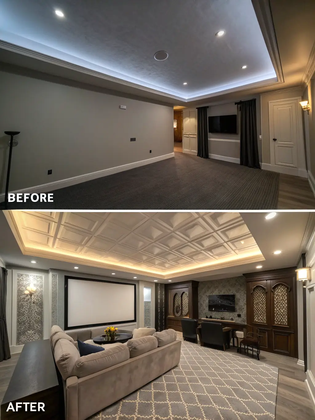 A before-and-after shot of a room renovation, showcasing the impact of Sotos Drywall Solutions LLC's drywall services on the overall aesthetic.