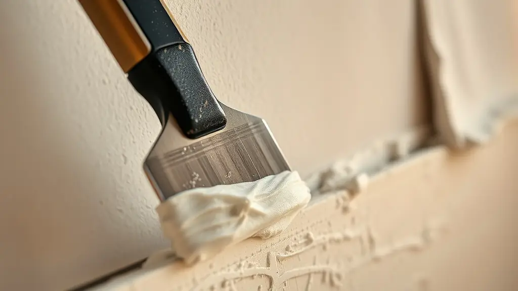 Close-up of a drywall knife applying joint compound to a wall, demonstrating expert mud and tape services by Sotos Drywall Solutions LLC in Logan, Utah.