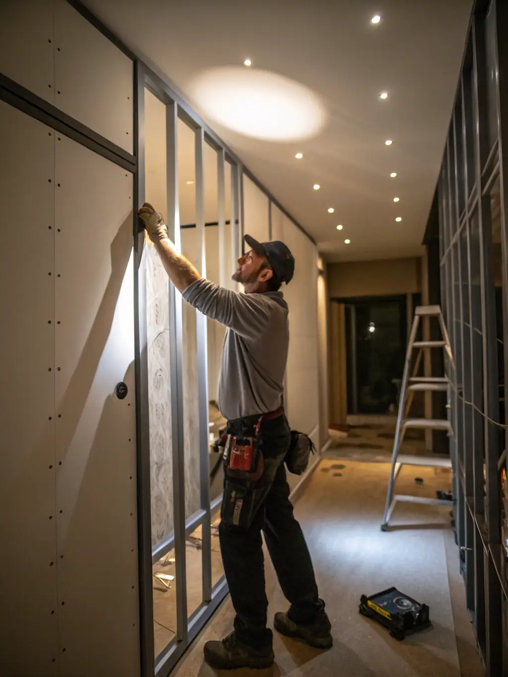A drywall sheet being precisely installed on a wall frame by a professional, showcasing the drywall hanging service offered by Sotos Drywall Solutions LLC.