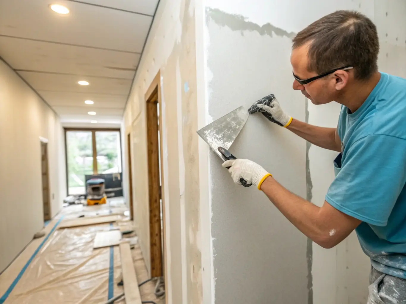 A skilled technician applying mud and tape to drywall joints, creating a seamless surface ready for painting or texturing.